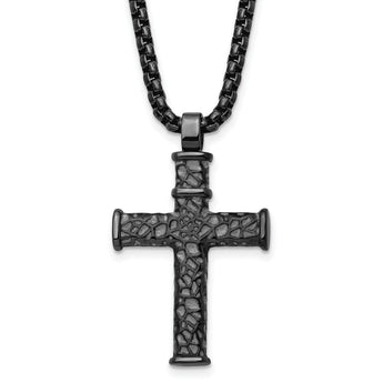 Stainless Steel Brushed Polished & Textured GunMetal IP Cross 24in Necklace