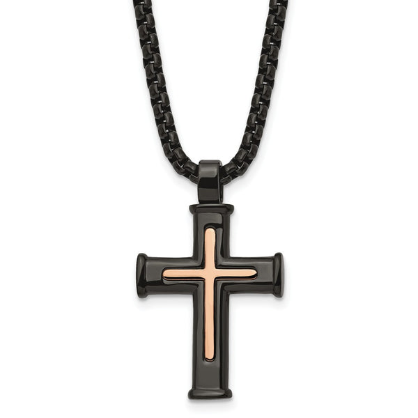 Stainless Steel Polished Black/Rose IP-plated Cross 24in Necklace