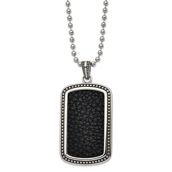 Stainless Steel Antiqued & Polished Blk Leather Inlay DogTag 22in Necklace