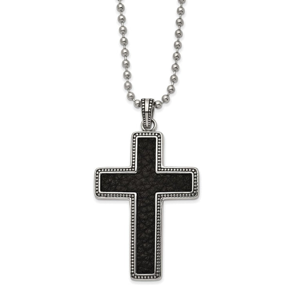 Stainless Steel Antiqued & Polished Black Leather Inlay Cross 22in Necklace