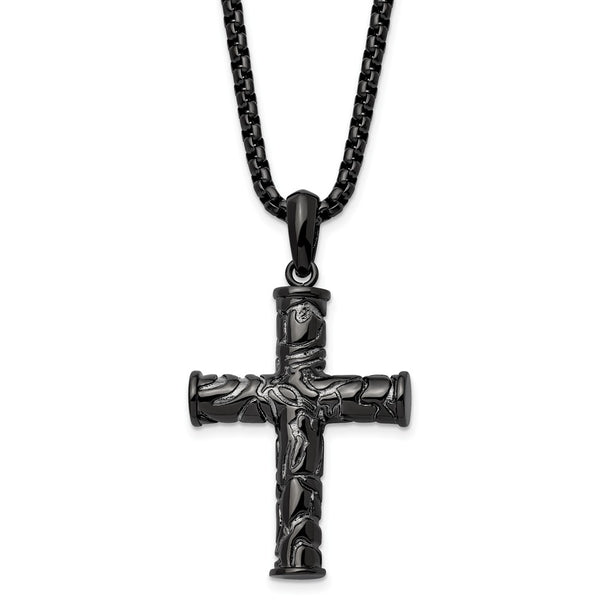 Stainless Steel Polished and Textured Gun Metal IP Cross 24in Necklace