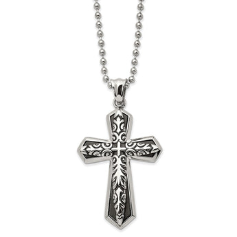 Stainless Steel Antiqued and Polished Black IP-plated Cross 22in Necklace