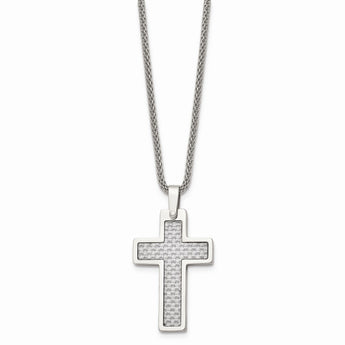 Stainless Steel Polished w/Grey Carbon Fiber Inlay Cross 20in Necklace