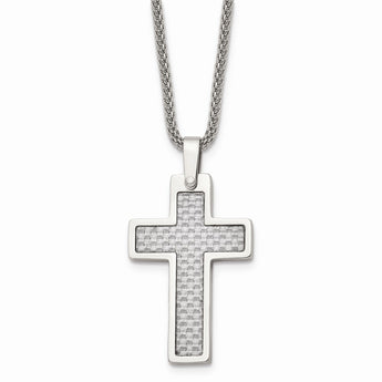 Stainless Steel Polished w/Grey Carbon Fiber Inlay Cross 20in Necklace