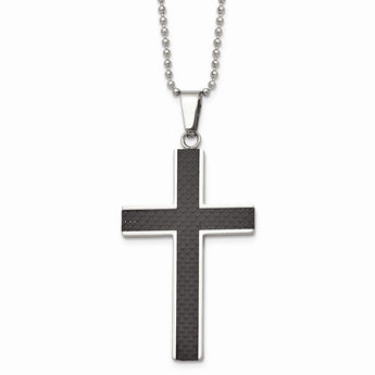 Stainless Steel Polished w/Black Carbon Fiber Inlay Cross 22in Necklace