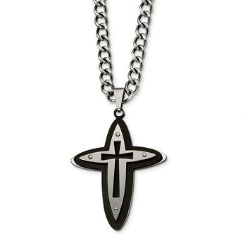 Stainless Steel Brushed/Polished Black IP-plated Cross 22in Necklace