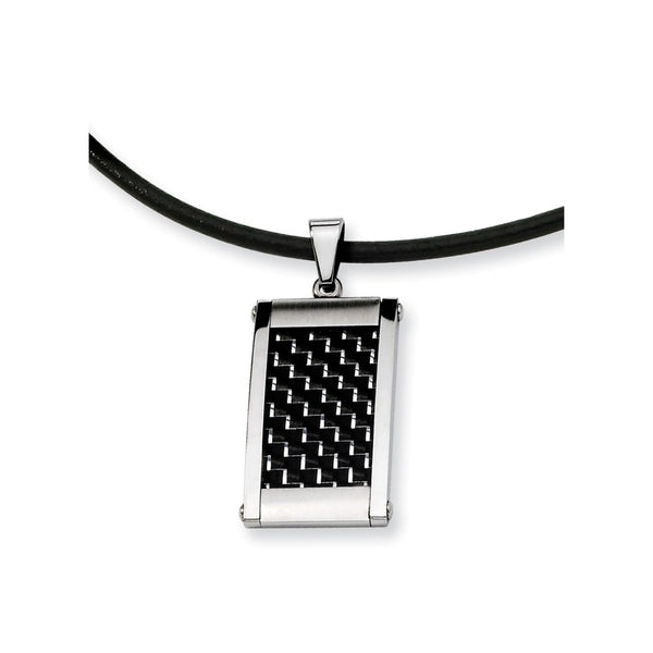 Stainless Steel Silver/Black Carbon Fiber Inlay 18in Leather Cord Necklace