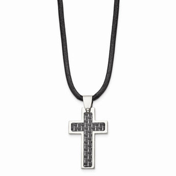 Stainless Steel Black Carbon Fiber Inlay Cross 18in Leather Cord Necklace