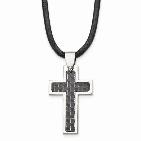 Stainless Steel Black Carbon Fiber Inlay Cross 18in Leather Cord Necklace