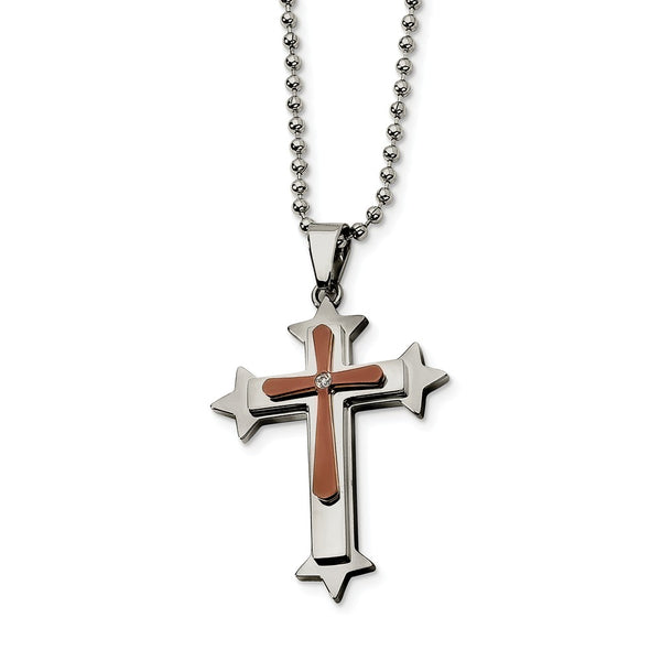 Stainless Steel Brown IP-plated Diamond Cross 24in Necklace