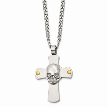 Stainless Steel Yellow IP-plated Skull on Cross 24in Necklace