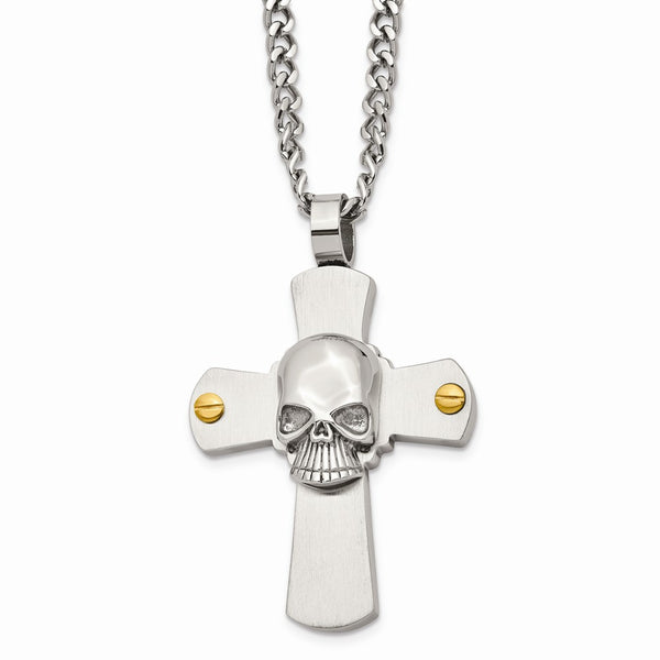 Stainless Steel Yellow IP-plated Skull on Cross 24in Necklace