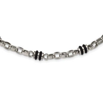 Stainless Steel Rubber Accent Barrel Link 22in Necklace