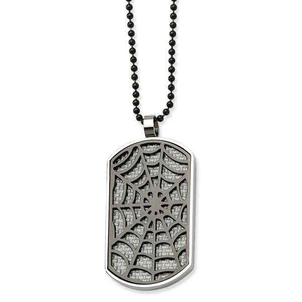 Stainless Steel Grey Carbon Fiber Inlay Spider Web Dog Tag Necklace