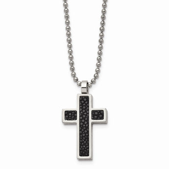 Stainless Steel Black Stingray Leather Cross Pendant 24in Necklace