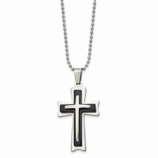 Stainless Steel Black Acrylic & Polished Cross Necklace