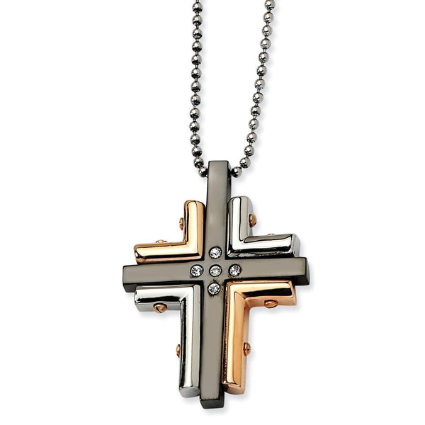 Stainless Steel Black & Pink IP-plated with CZs Cross Necklace