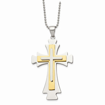 Stainless Steel Gold IP-plated Cross Pendant 22in Necklace