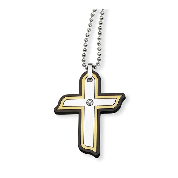 Stainless Steel Black & Yellow IP-plated with CZ Cross Necklace