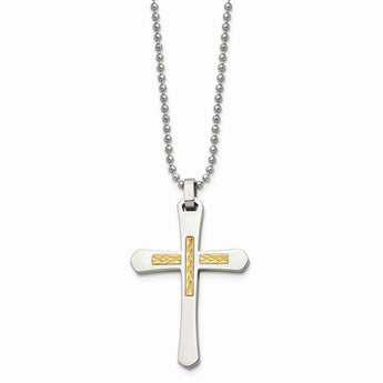 Stainless Steel 14k Accent Diamond Cut Cross Necklace