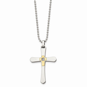 Stainless Steel 14k Accent w/ Diamond Cross Necklace