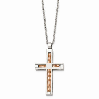 Stainless Steel Polished & Pink IP-plated Cross Necklace