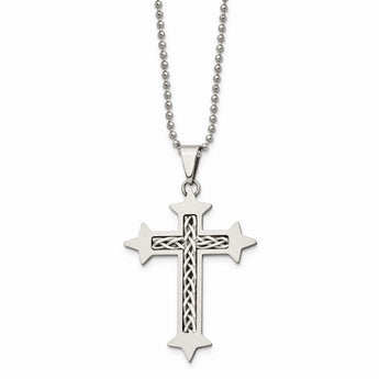 Stainless Steel Silver Inlay Cross Pendant 24in Necklace