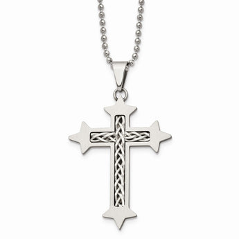 Stainless Steel Silver Inlay Cross Pendant 24in Necklace