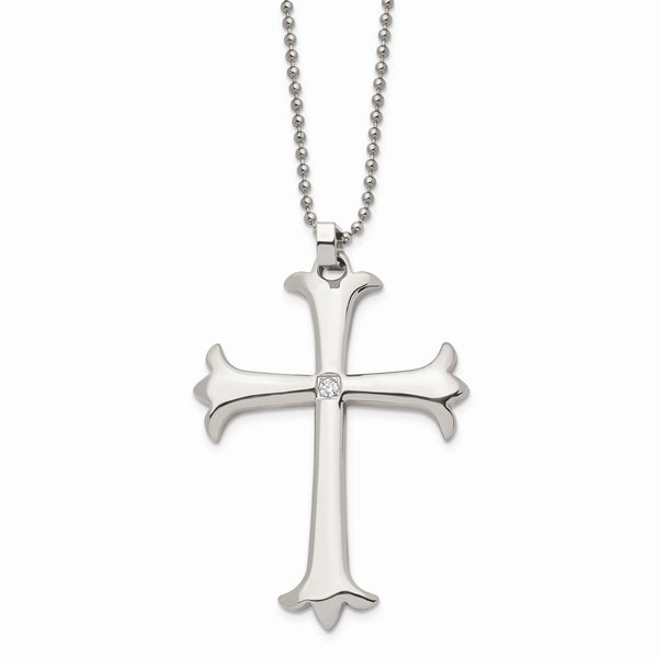 Stainless Steel Polished Cross w/ CZ Pendant 22in Necklace