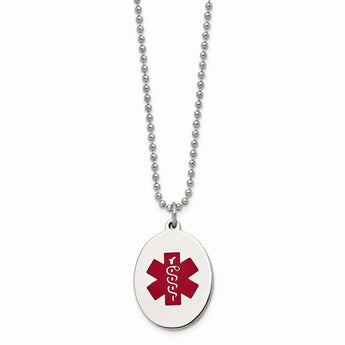 Stainless Steel Red Enamel Oval Medical Pendant 22in Necklace