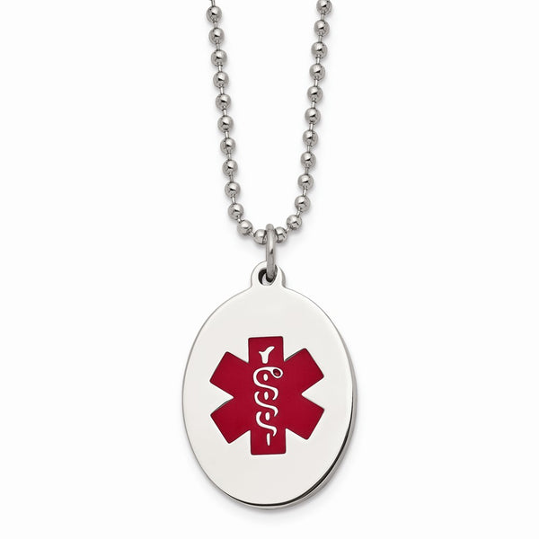 Stainless Steel Red Enamel Oval Medical Pendant 22in Necklace