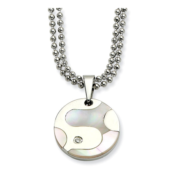 Stainless Steel Polished & Mother of Pearl Circle w/ CZ 22in Necklace