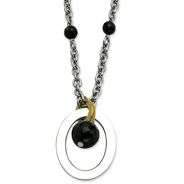 Stainless Steel Black Onyx & Yellow IP-plated with 2 inch ext Necklace