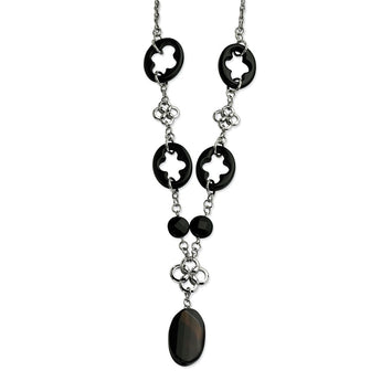Stainless Steel Black Agate & Flowers 22 w/ 2 ext. Necklace