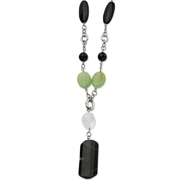 Stainless Steel Prehnite & Black Agate 26in w/1.5in ext Necklace