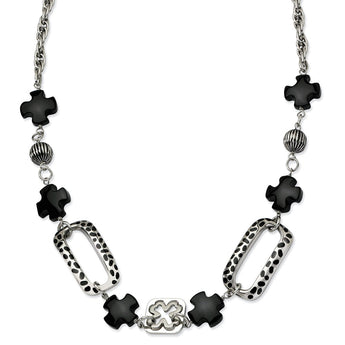 Stainless Steel Black Agate & Resin 24 in w/ 1 in ext. Necklace