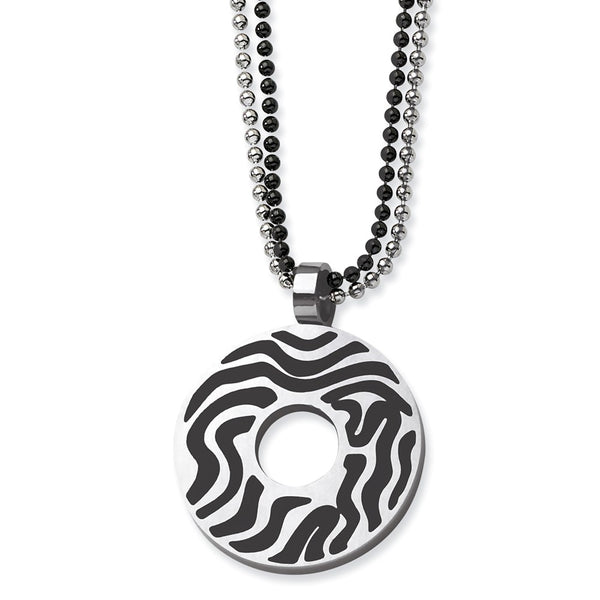Stainless Steel Black Rubber Swirl Circle 22in Double Chain Necklace