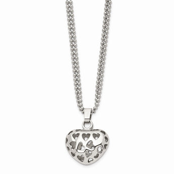 Stainless Steel Puffed Heart w/ Heart Cutouts 22in Necklace