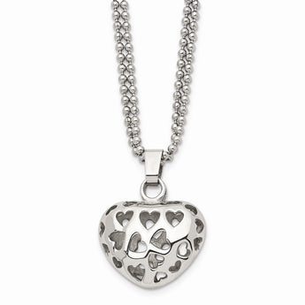 Stainless Steel Puffed Heart w/ Heart Cutouts 22in Necklace