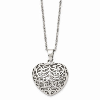 Stainless Steel Filigree Puffed Heart Pendant Necklace