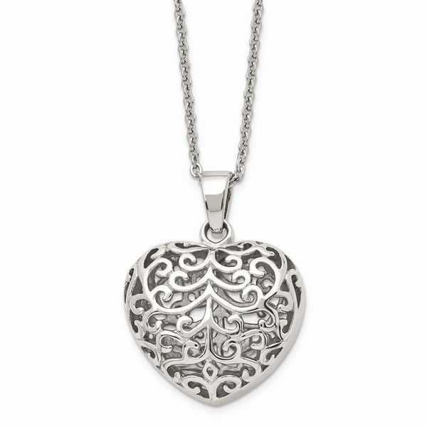 Stainless Steel Filigree Puffed Heart Pendant Necklace