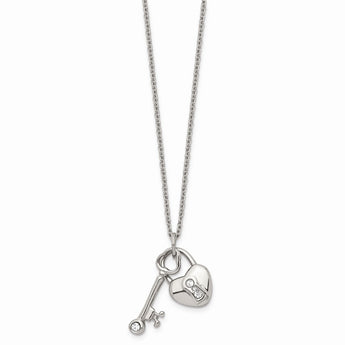 Stainless Steel Heart Lock & Key withCZ with 2inch ext Necklace