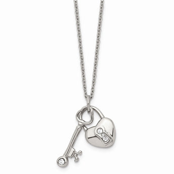 Stainless Steel Heart Lock & Key withCZ with 2inch ext Necklace