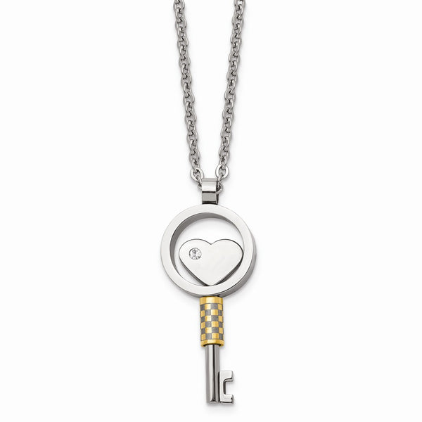 Stainless Steel Gold IP-plated & CZ Key 22in Necklace