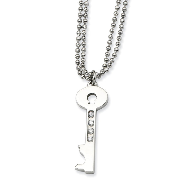 Stainless Steel Polished Key w/ CZs Pendant 25 inch Necklace