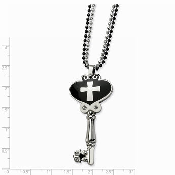 Stainless Steel Black Enamel Polished Key w/ CZs 28in Necklace