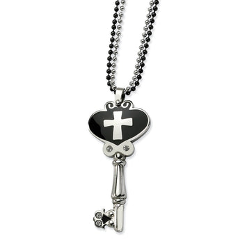 Stainless Steel Black Enamel Polished Key w/ CZs 28in Necklace