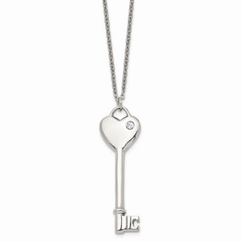 Stainless Steel Heart with CZ Key Pendant Necklace