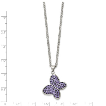 Stainless Steel Purple Crystal Butterfly Pendant Necklace