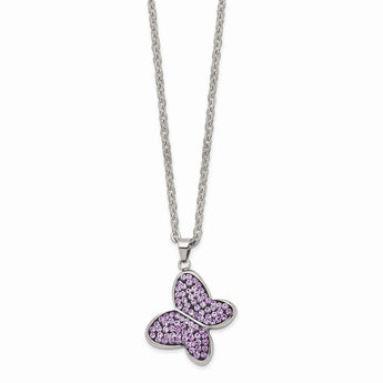 Stainless Steel Purple Crystal Butterfly Pendant Necklace